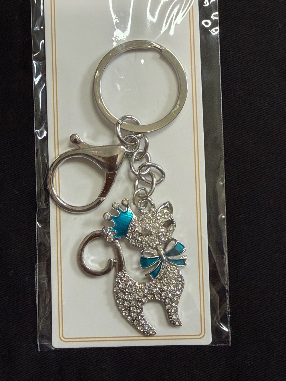 🎀 5 for $25 🎀 Silvertone cat rhinestone bag, charm  blue bow crown keychain